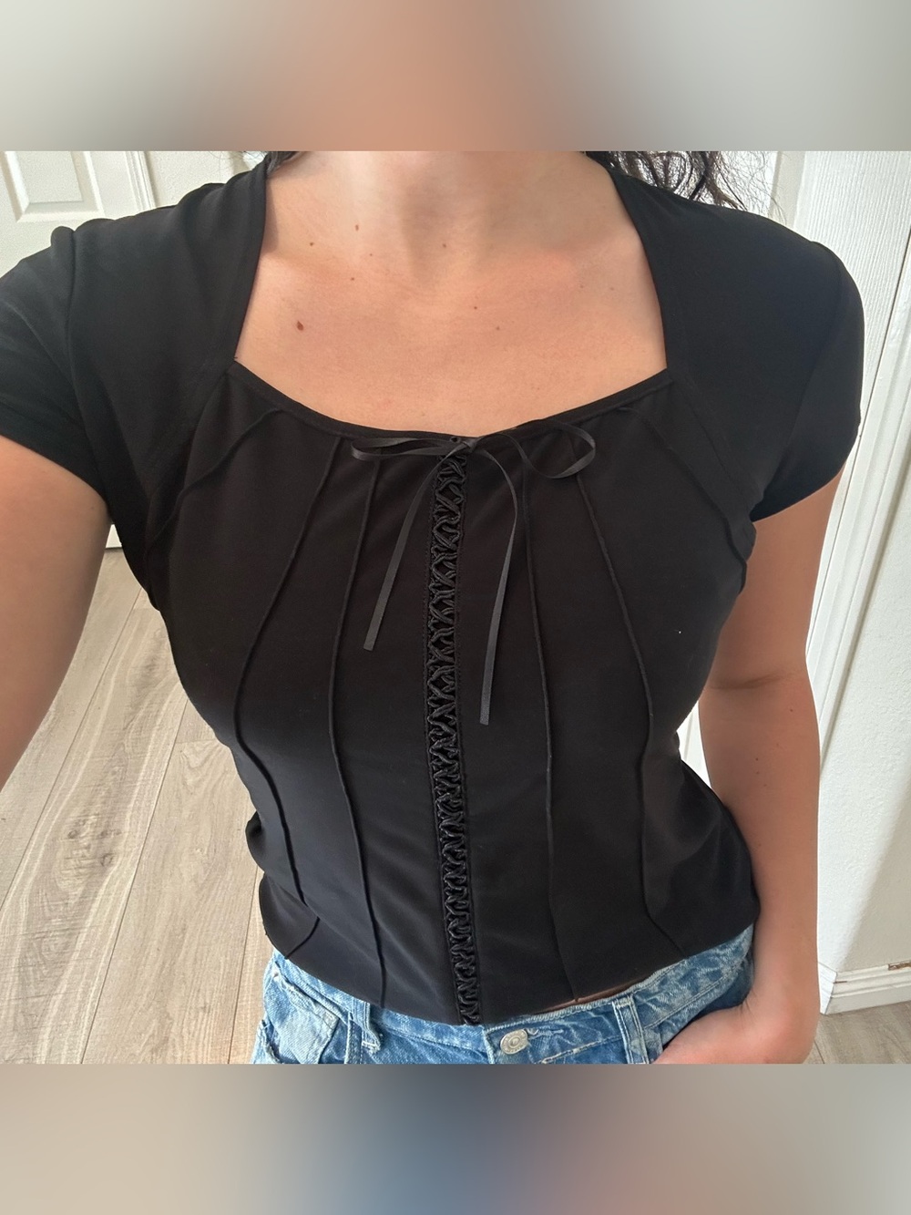 Susan Lawrence Black Lace-Trim Corset Crop Top